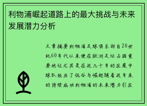 利物浦崛起道路上的最大挑战与未来发展潜力分析