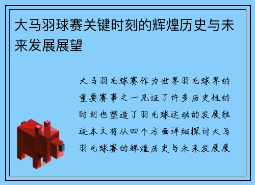 大马羽球赛关键时刻的辉煌历史与未来发展展望