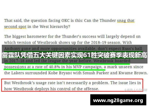 雷霆队凭借五大关键因素实现61胜突破赛季表现新高