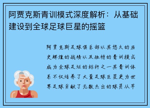 阿贾克斯青训模式深度解析：从基础建设到全球足球巨星的摇篮