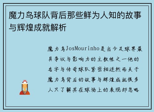 魔力鸟球队背后那些鲜为人知的故事与辉煌成就解析 魔力鸟球队背后那些鲜为人知的故事与辉煌成就解析