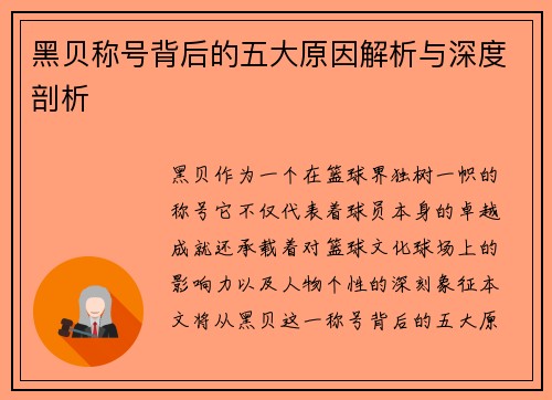 黑贝称号背后的五大原因解析与深度剖析