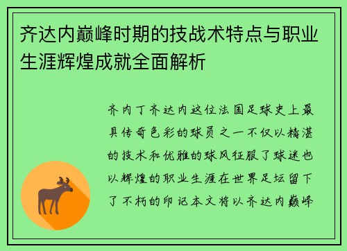 齐达内巅峰时期的技战术特点与职业生涯辉煌成就全面解析